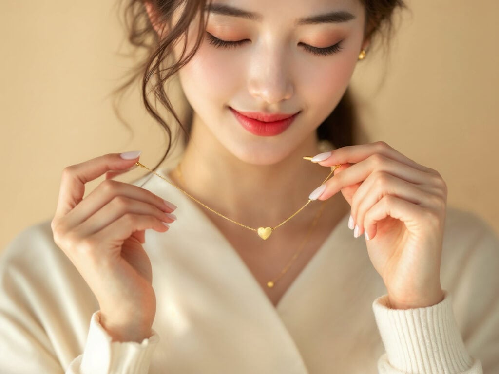 女性手持心型黃金吊墜項鍊，微笑低頭，展現溫柔細膩的氣質與黃金飾品細節。