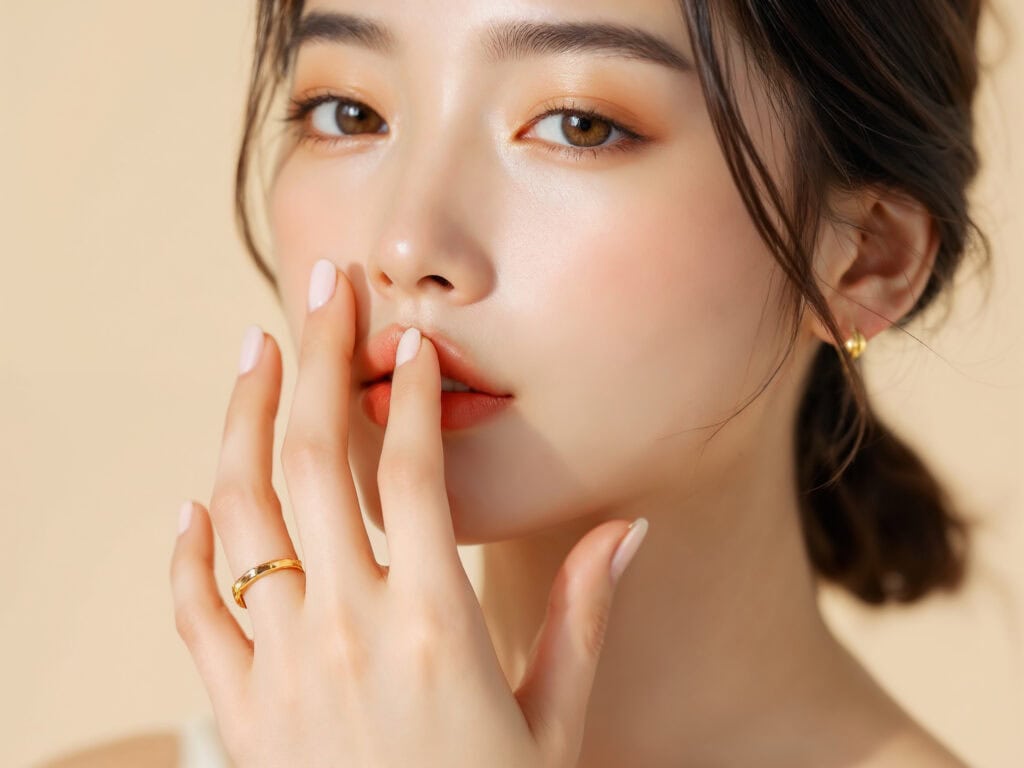 女性佩戴金色圓環戒指與金珠耳環，手指輕觸嘴唇，展現細節感與黃金飾品的時尚品味。