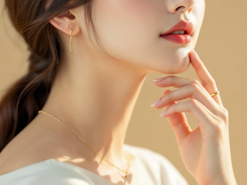 女性佩戴黃金項鍊與細緻金戒指，手指輕觸下巴，展現頸部線條與優雅氣質。