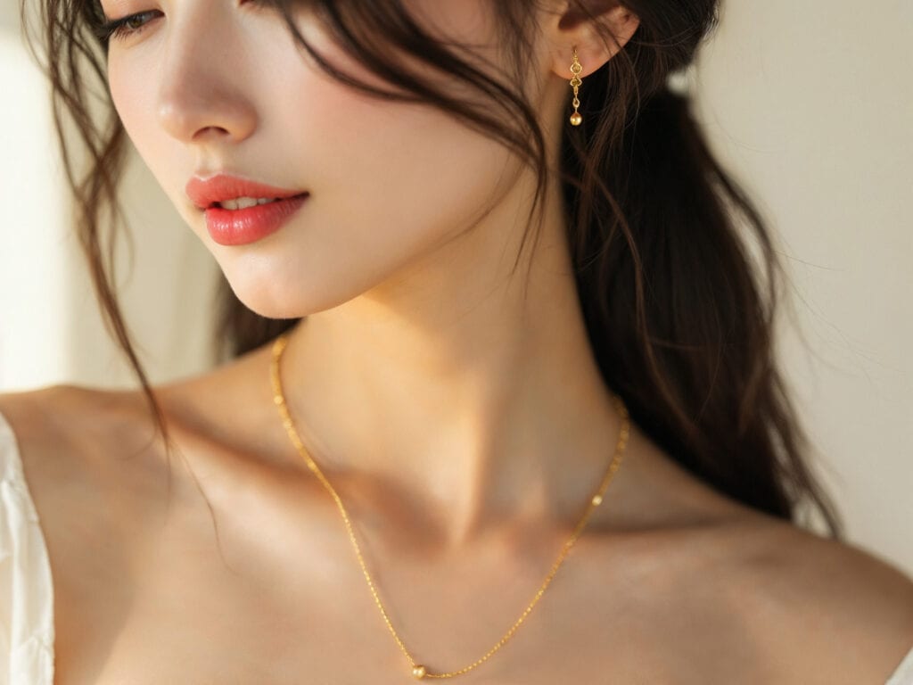 女性佩戴黃金耳環與細鏈項鍊，側臉微笑展現柔美氣質與黃金飾品光澤。
