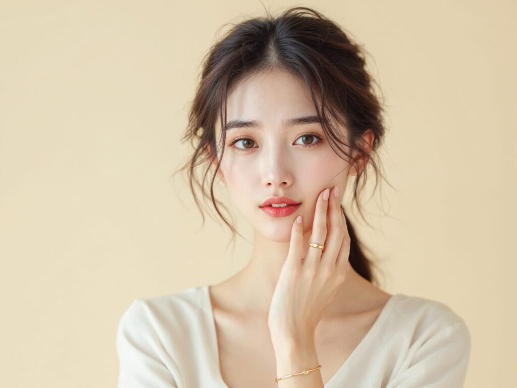 長髮女生佩戴黃金手鍊與戒指，優雅觸碰臉龐，示範手圍與戒圍配戴效果。
