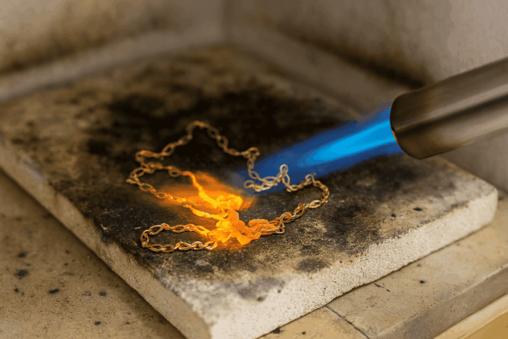 黃金回收熔煉過程中，師傅使用高溫火槍將金飾加熱至熔化，展現專業的黃金處理技術。