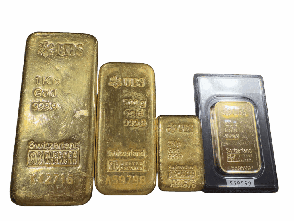 UBS 瑞士黃金條塊展示，重量包含 1 公斤、500 克、250 克與 100 克，純度 999.9