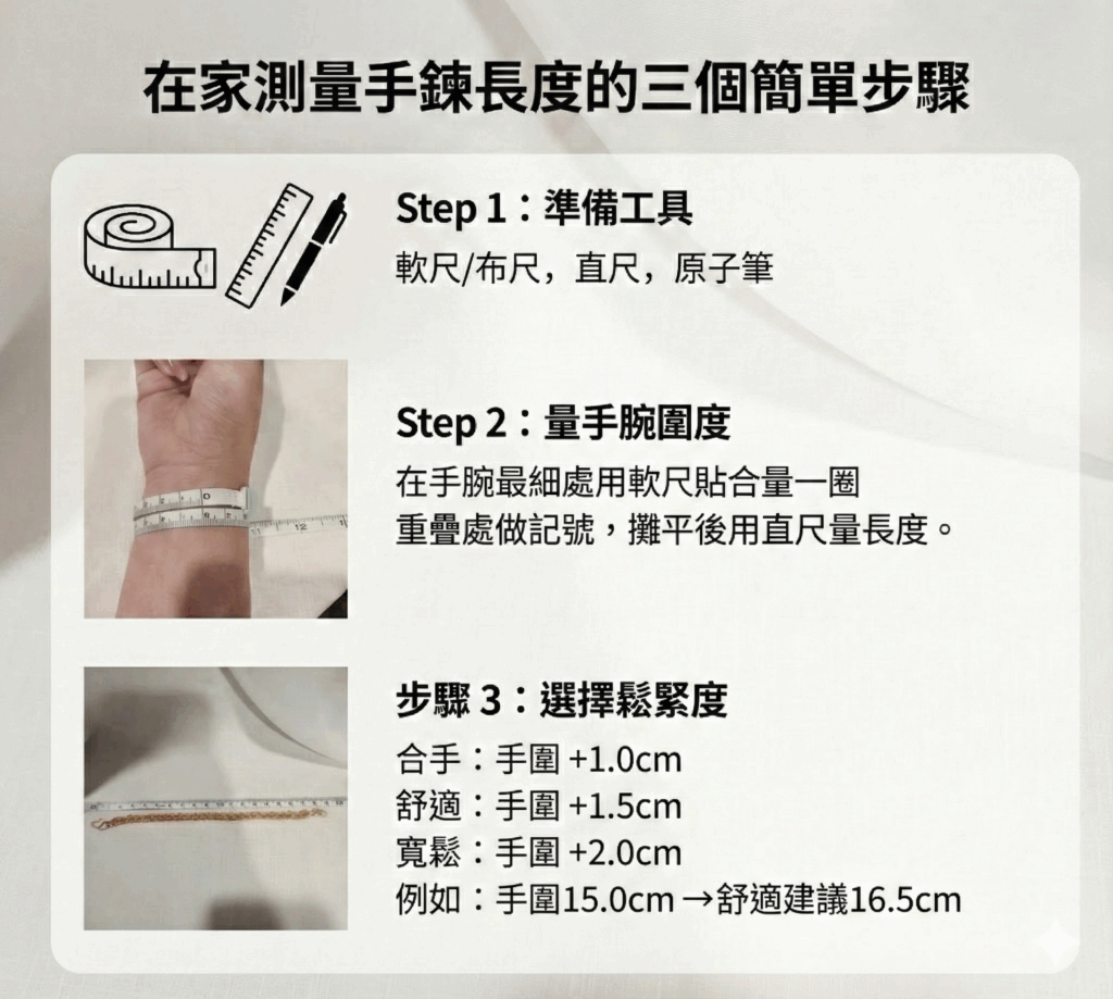 手鍊手圍怎麼量｜用皮尺量手腕圍與建議鬆緊教學圖